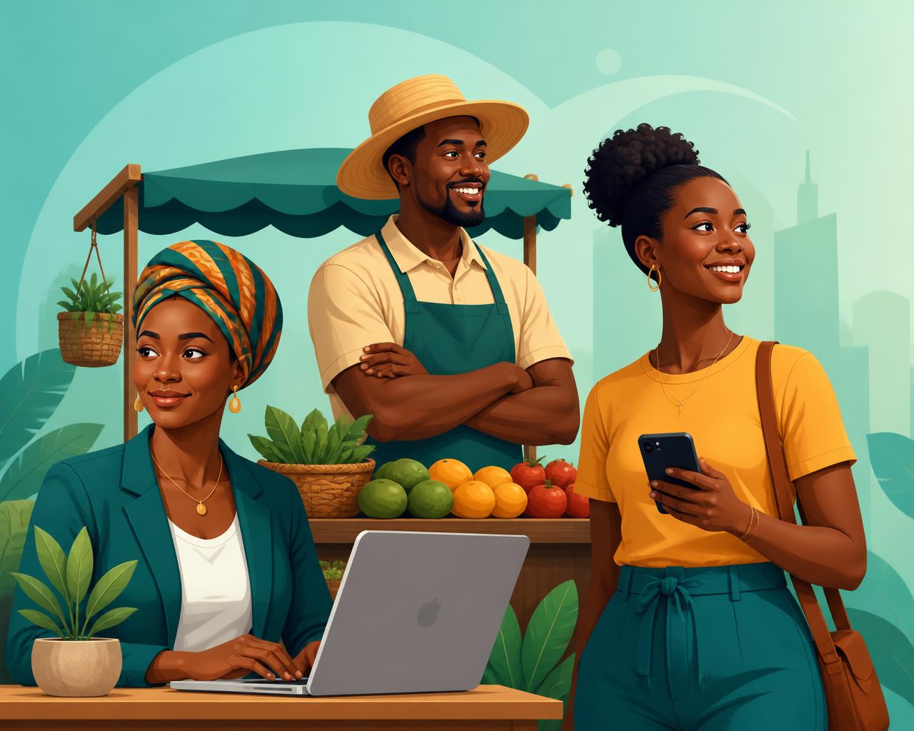 Illustration of diverse entrepreneurs building their businesses